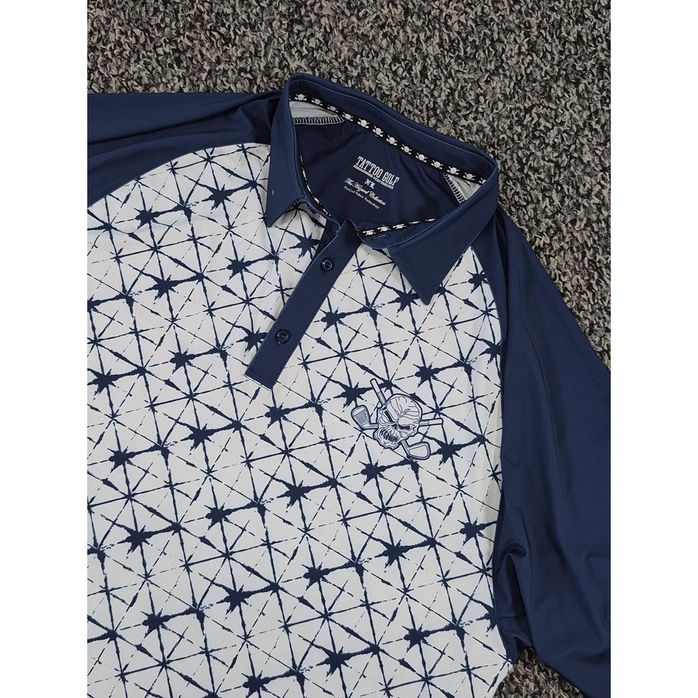 Tattoo Golf Performance Polo‎ Shirt Mens XL Blue White Skull Clubs Golf Logo
